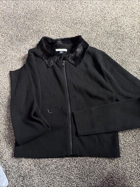 American Eagle Black Zip-Front Knit Jacket with Faux Fur Collar